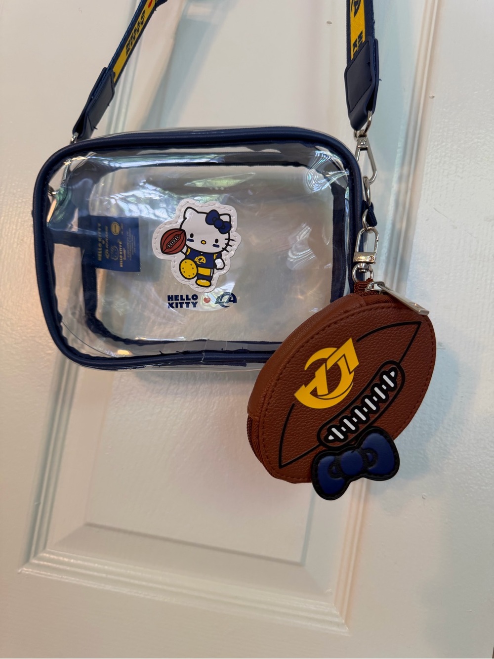 Rams x Hello Kitty Clear Crossbody Bag with Brown Football Charm - Navy Trim